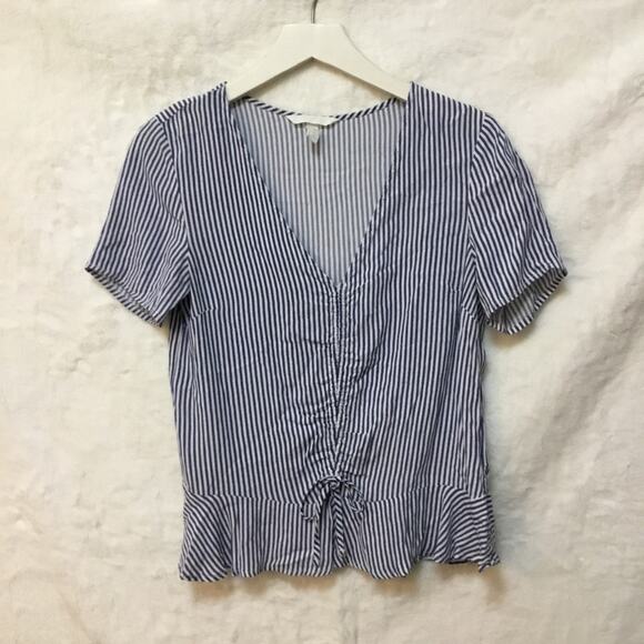 H&M Blue Striped Short Sleeve V-Neck Ruffled Top - Picture 8 of 9
